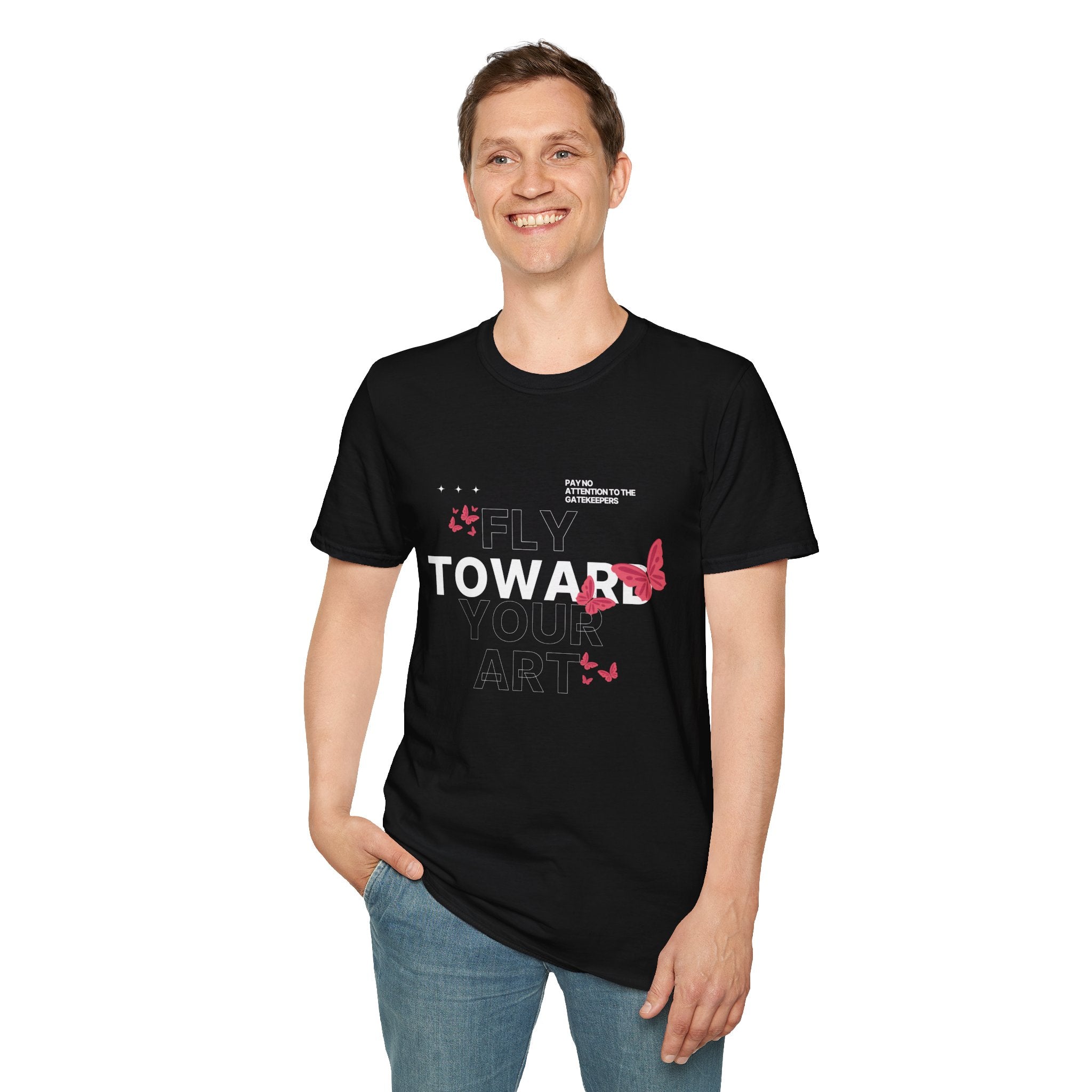 Fly Toward Your Art Unisex Softstyle T-Shirt - Inspiring Gift for Artists & Theatre Lovers