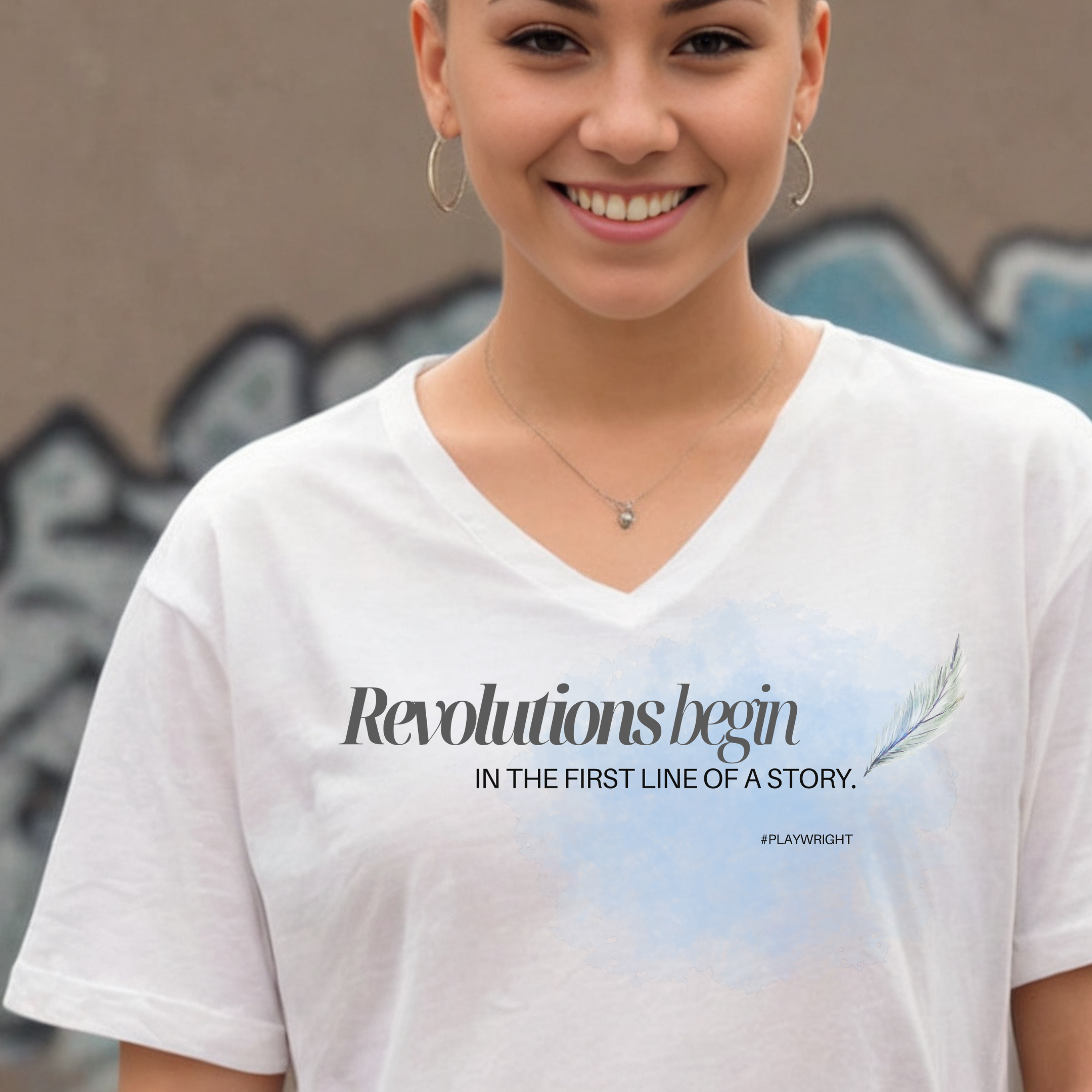 "Revolutions Begin in the First Line of a Story" Inspirational V-Neck T-Shirt – For Playwrights & Changemakers 🇨🇦
